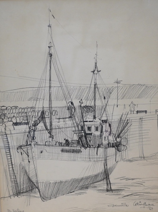 Grenville Cottingham (1943-2007), pair of charcoal sketches, Padstow Harbour scenes, each signed and dated ‘67, 41 x 30cm. Condition - fair to good